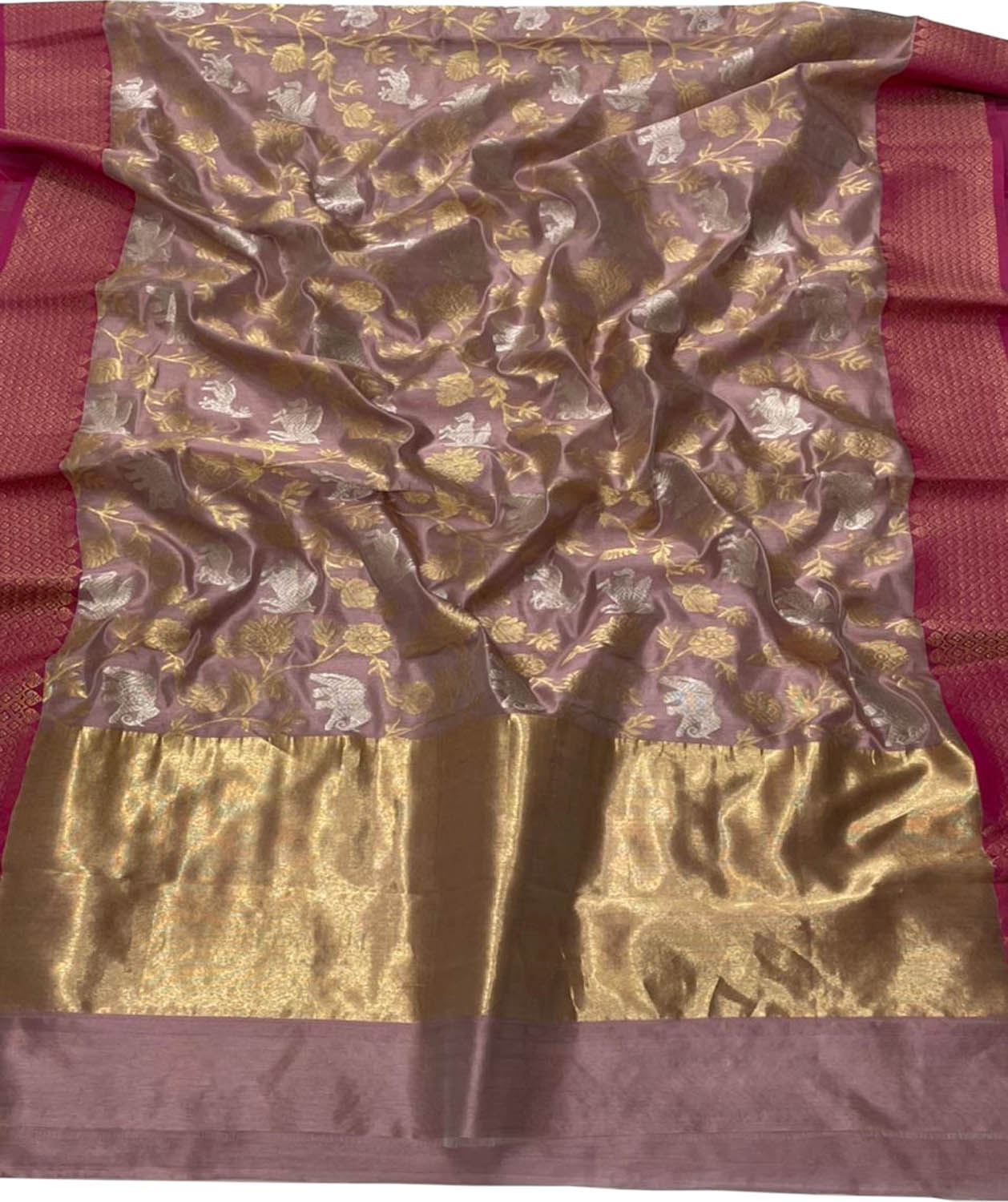 Pastel Chanderi Handloom Pure Silk Sona Roopa Flower And Animal Design Saree - Luxurion World