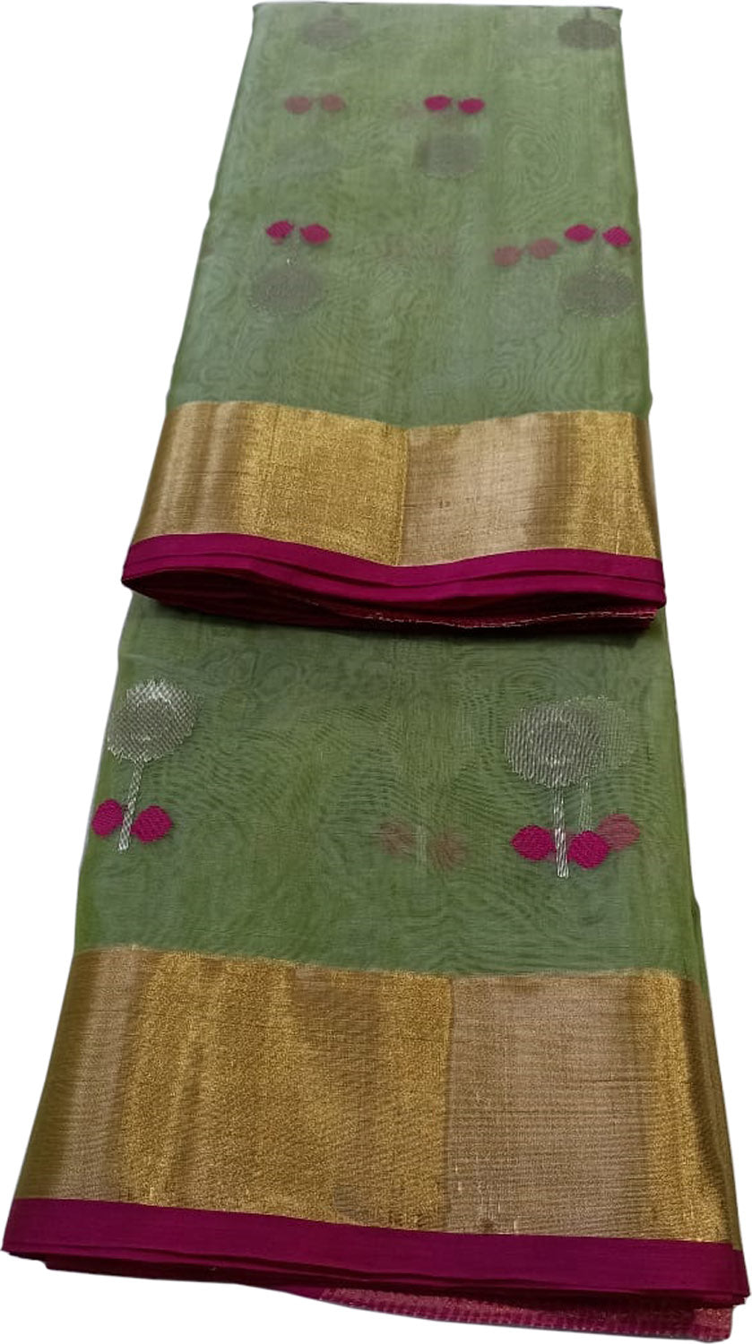 Green Shot Chanderi Handloom Pure Katan Silk Saree - Luxurion World