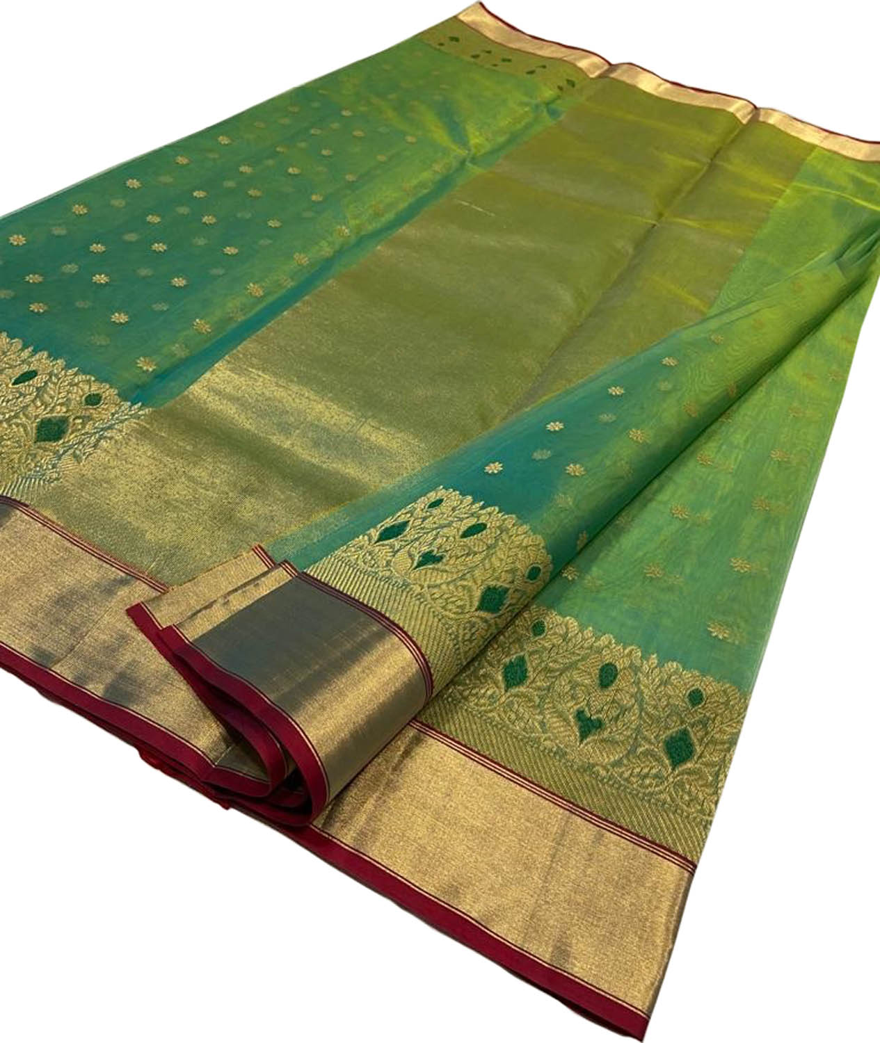 Green Shot Chanderi Handloom Pure Katan Silk Saree - Luxurion World