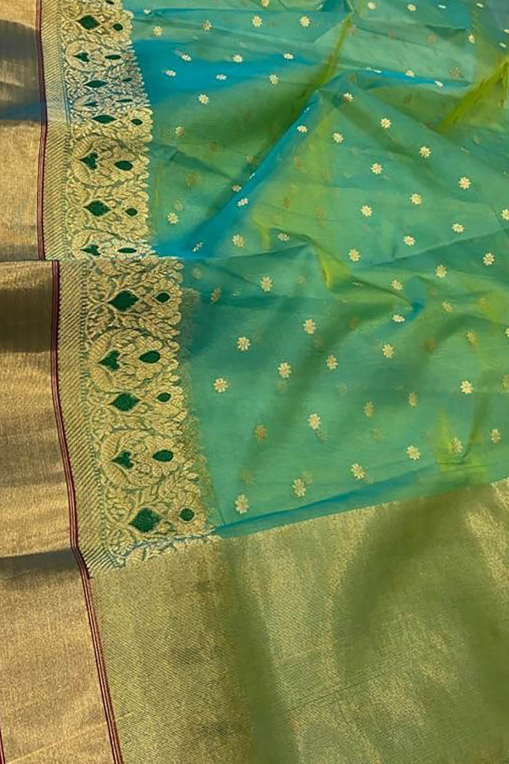 Green Shot Chanderi Handloom Pure Katan Silk Saree - Luxurion World