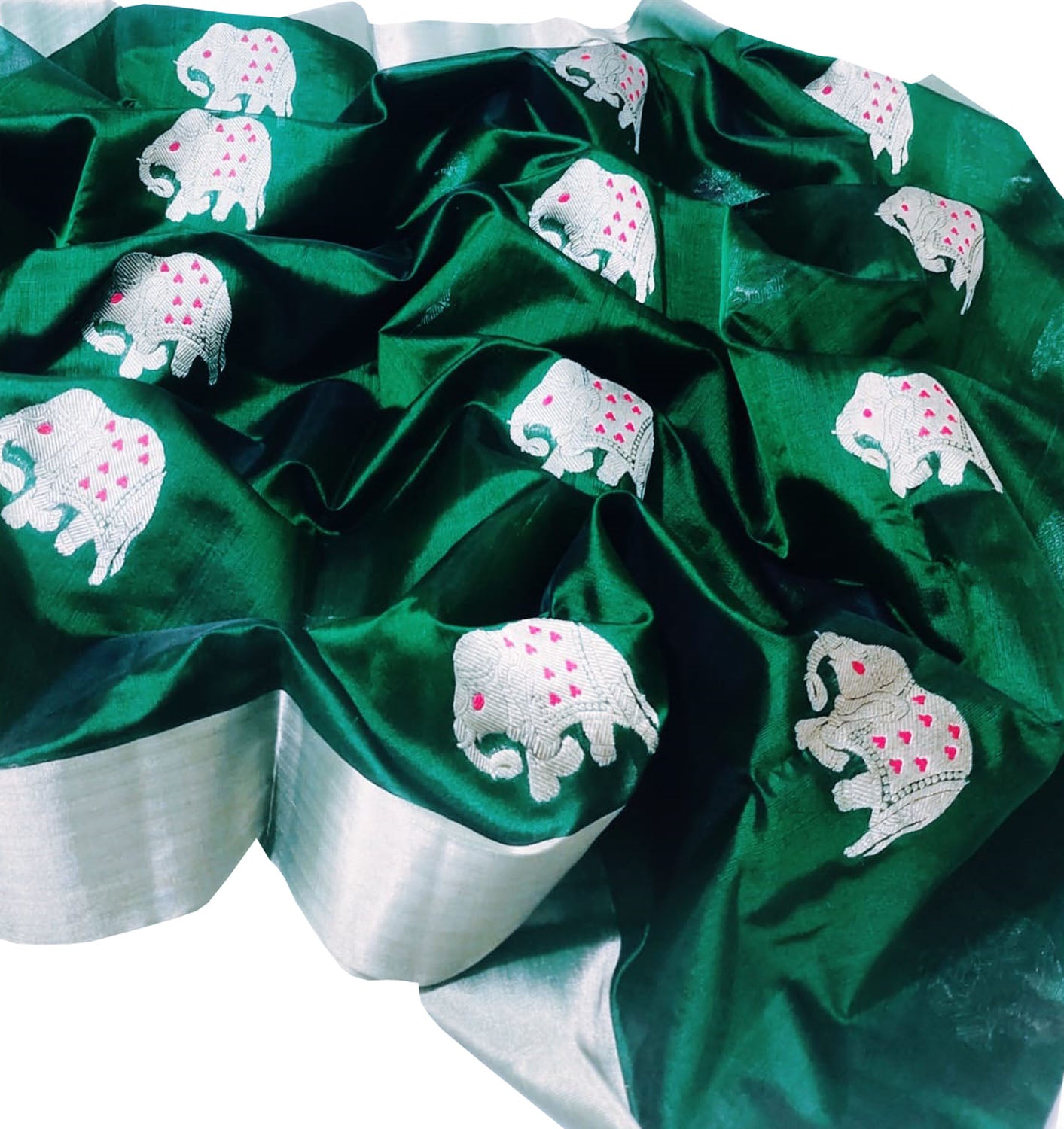Green Chanderi Handloom Pure Silk Elephant Design Saree - Luxurion World