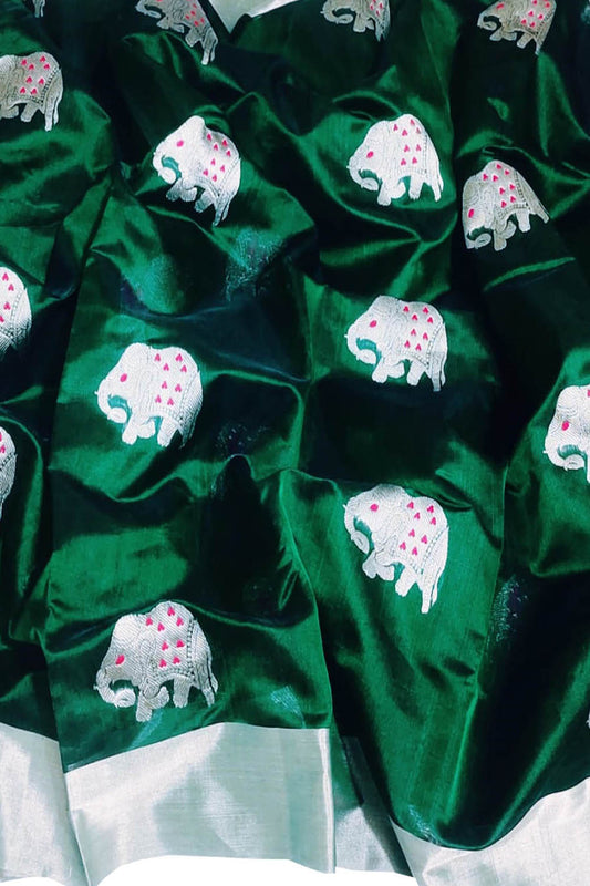 Green Chanderi Handloom Pure Silk Elephant Design Saree - Luxurion World