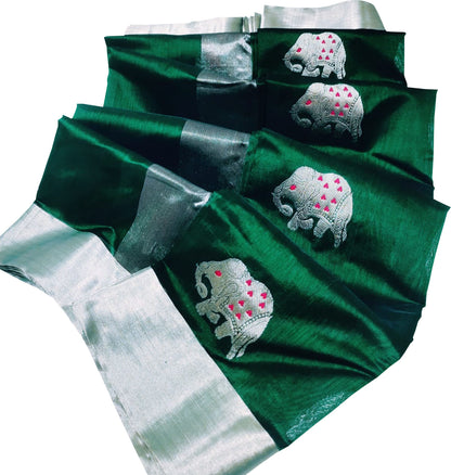 Green Chanderi Handloom Pure Silk Elephant Design Saree