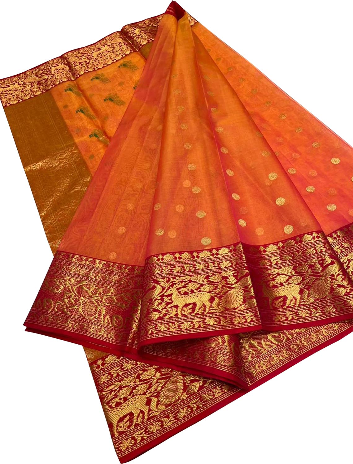 Orange Chanderi Handloom Pure Katan Silk Saree - Luxurion World