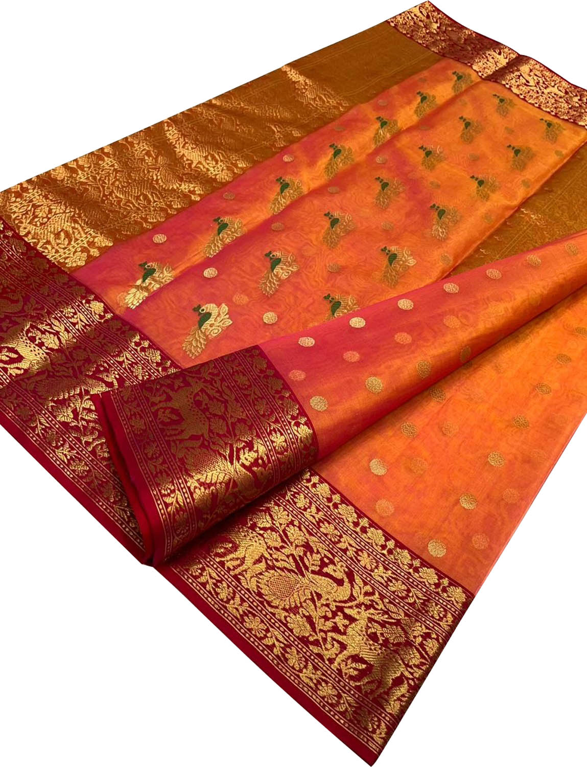 Orange Chanderi Handloom Pure Katan Silk Saree - Luxurion World