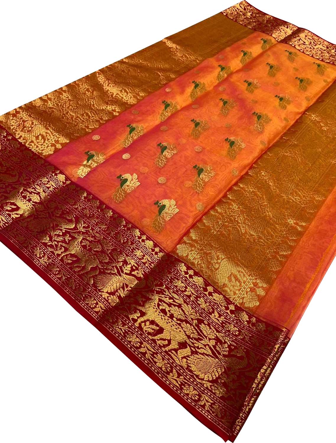 Orange Chanderi Handloom Pure Katan Silk Saree - Luxurion World