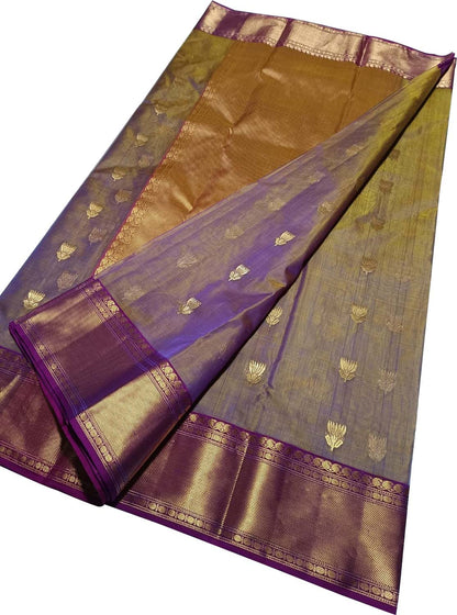 Purple Shot Chanderi Handloom Pure Katan Silk Saree - Luxurion World