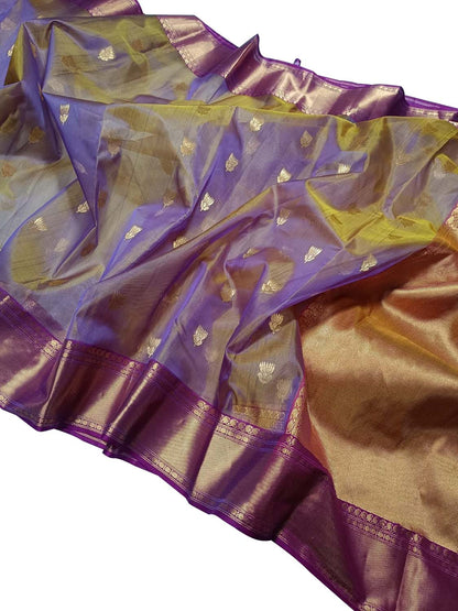 Purple Shot Chanderi Handloom Pure Katan Silk Saree - Luxurion World