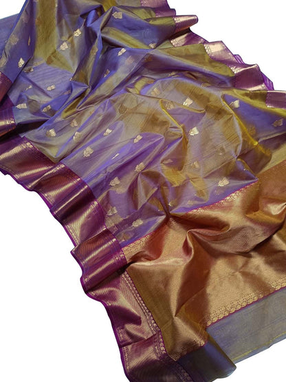 Purple Shot Chanderi Handloom Pure Katan Silk Saree - Luxurion World