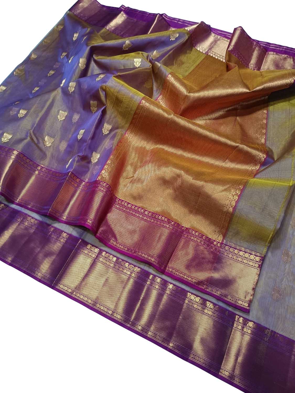 Purple Shot Chanderi Handloom Pure Katan Silk Saree - Luxurion World