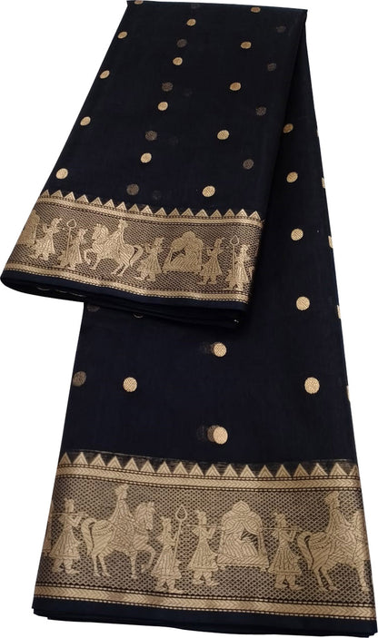 Black Chanderi Handloom Pure Katan Silk Saree - Luxurion World
