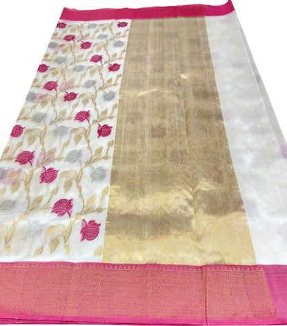 Off White Chanderi Handloom Pure Silk Flower Design Saree - Luxurion World