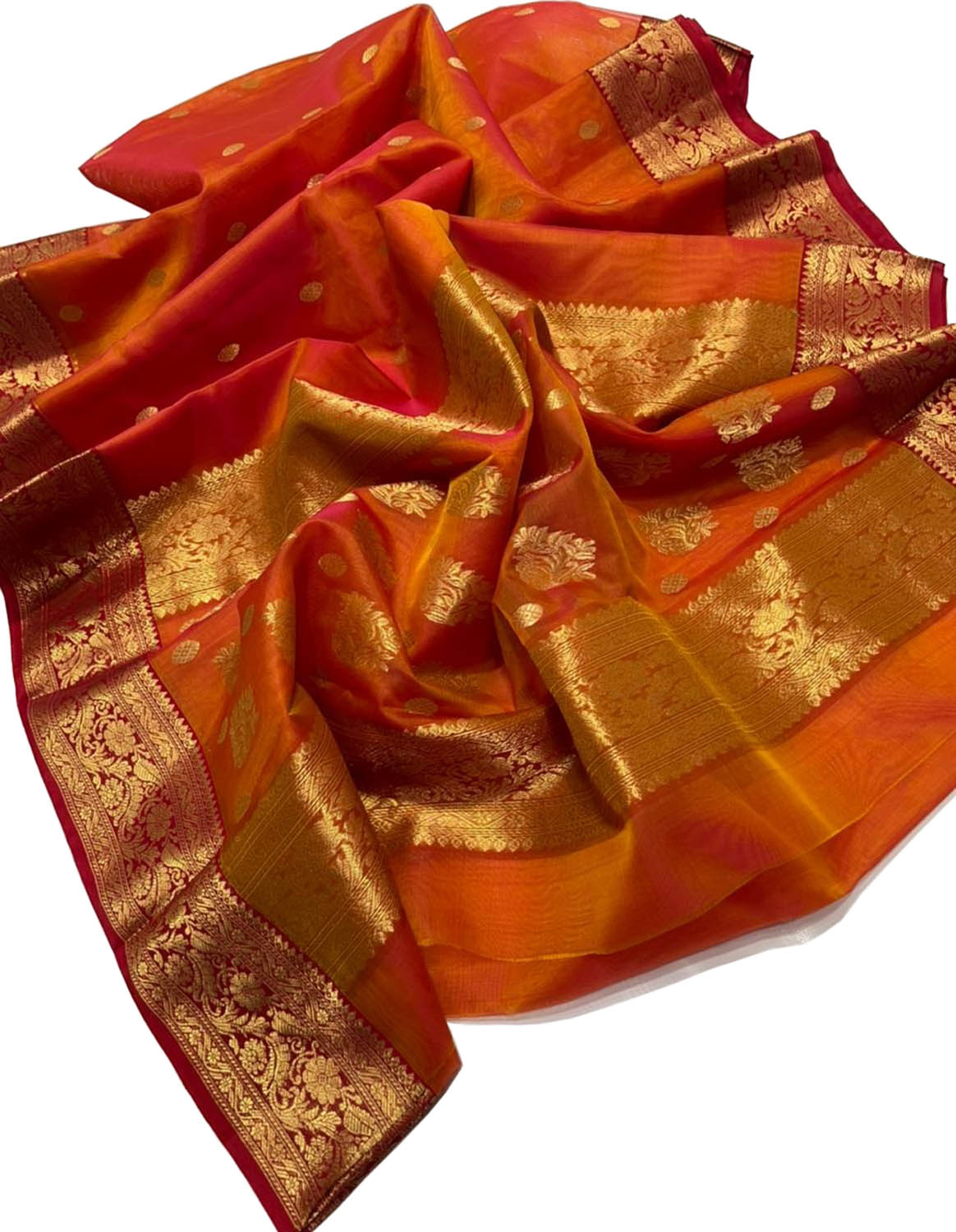 Elegant Orange Chanderi Handloom Pure Katan Silk Saree - Luxurion World