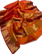 Elegant Orange Chanderi Handloom Pure Katan Silk Saree - Luxurion World