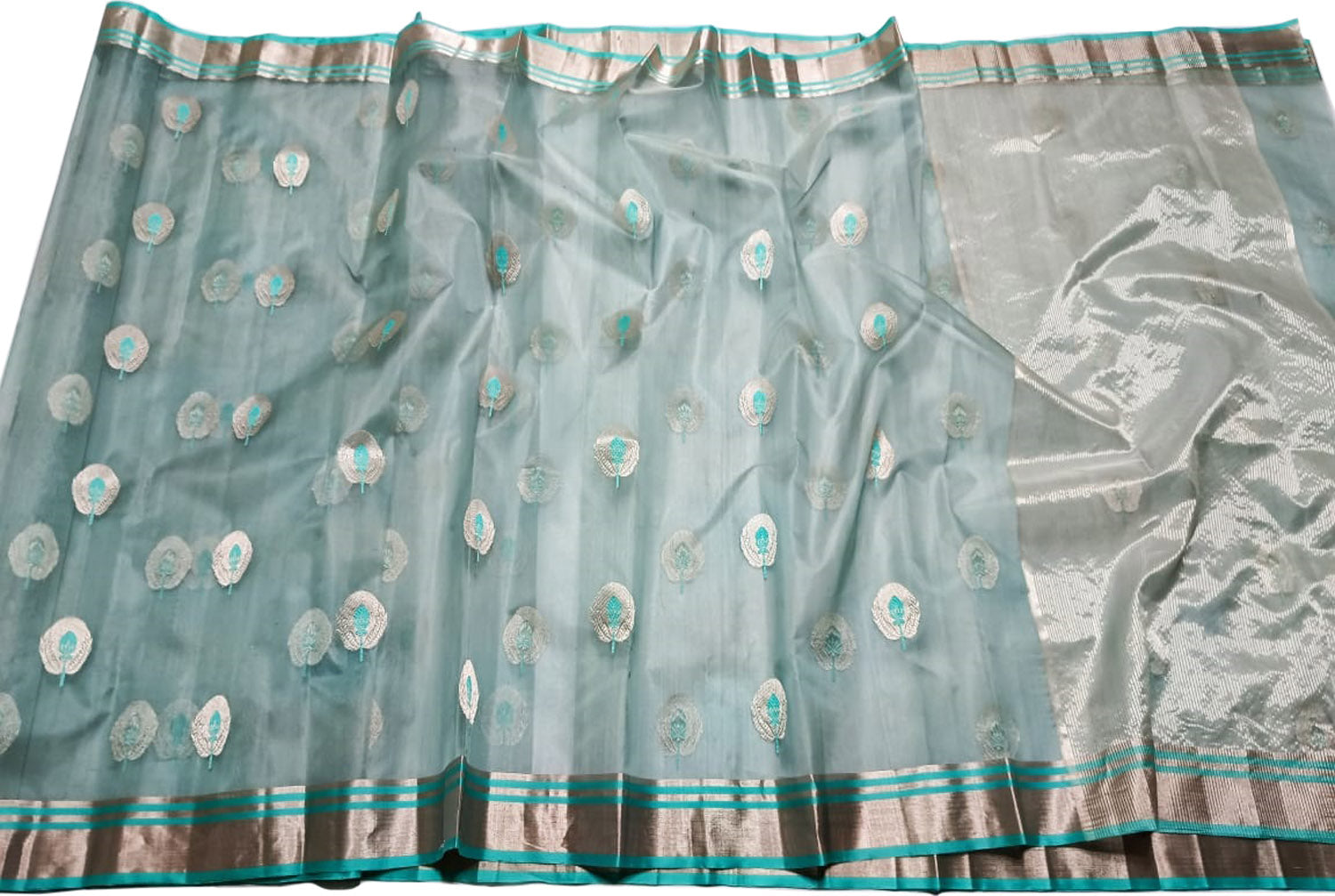 Elegant Grey Chanderi Handloom Pure Katan Silk Saree - Luxurion World