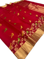 Elegant Red Chanderi Handloom Pure Katan Silk Saree - Luxurion World