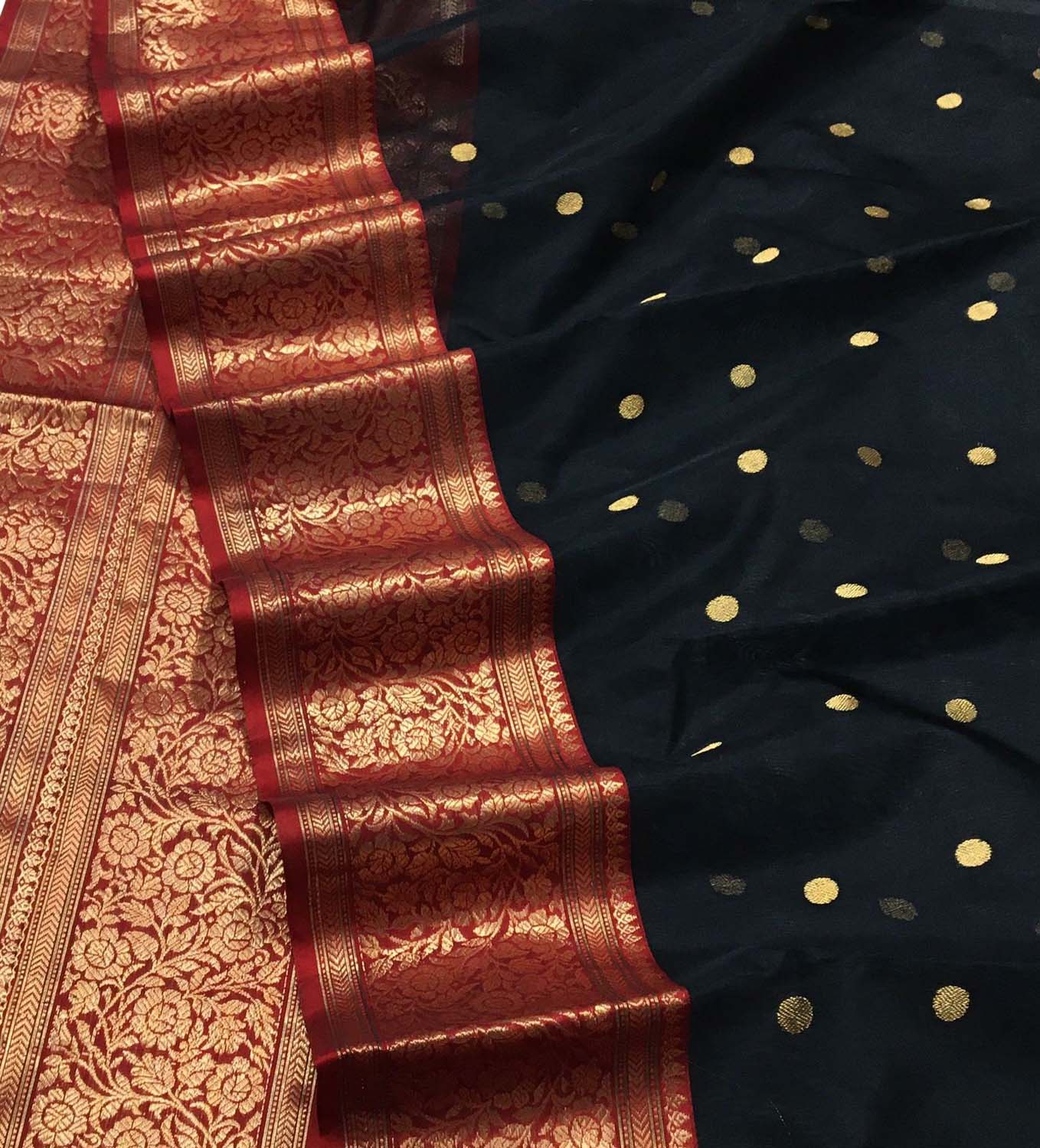 Elegant Black Chanderi Handloom Pure Katan Silk Saree - Luxurion World