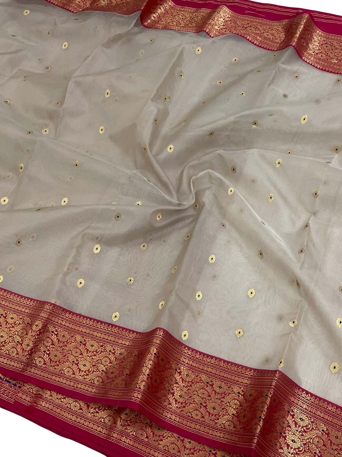 Off White Chanderi Handloom Pure Katan Silk Saree - Luxurion World