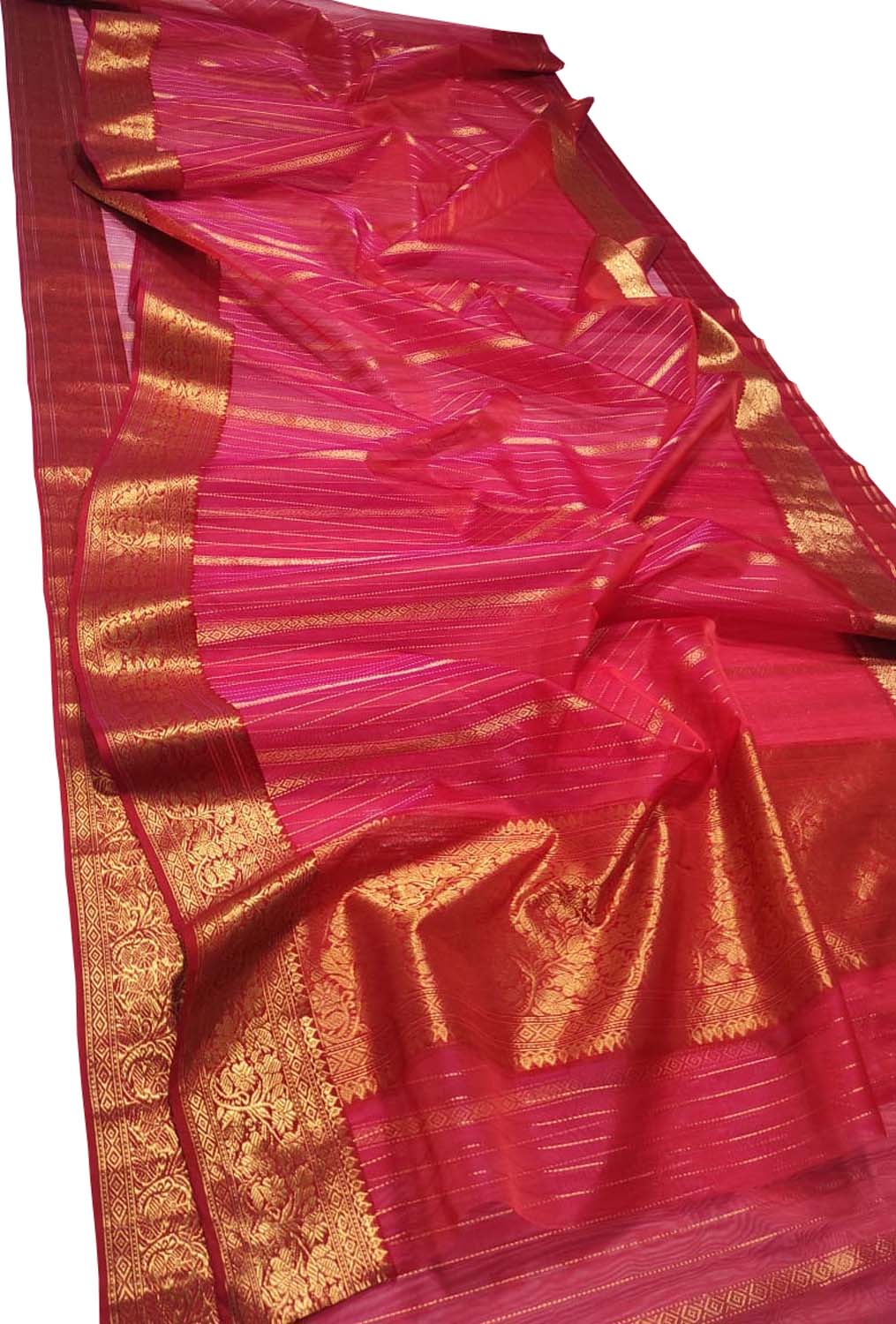 Pink Chanderi Handloom Pure Katan Silk Stripes Design Saree - Luxurion World