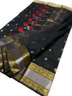 Black Chanderi Handloom Pure Katan Silk Flower Design Saree - Luxurion World