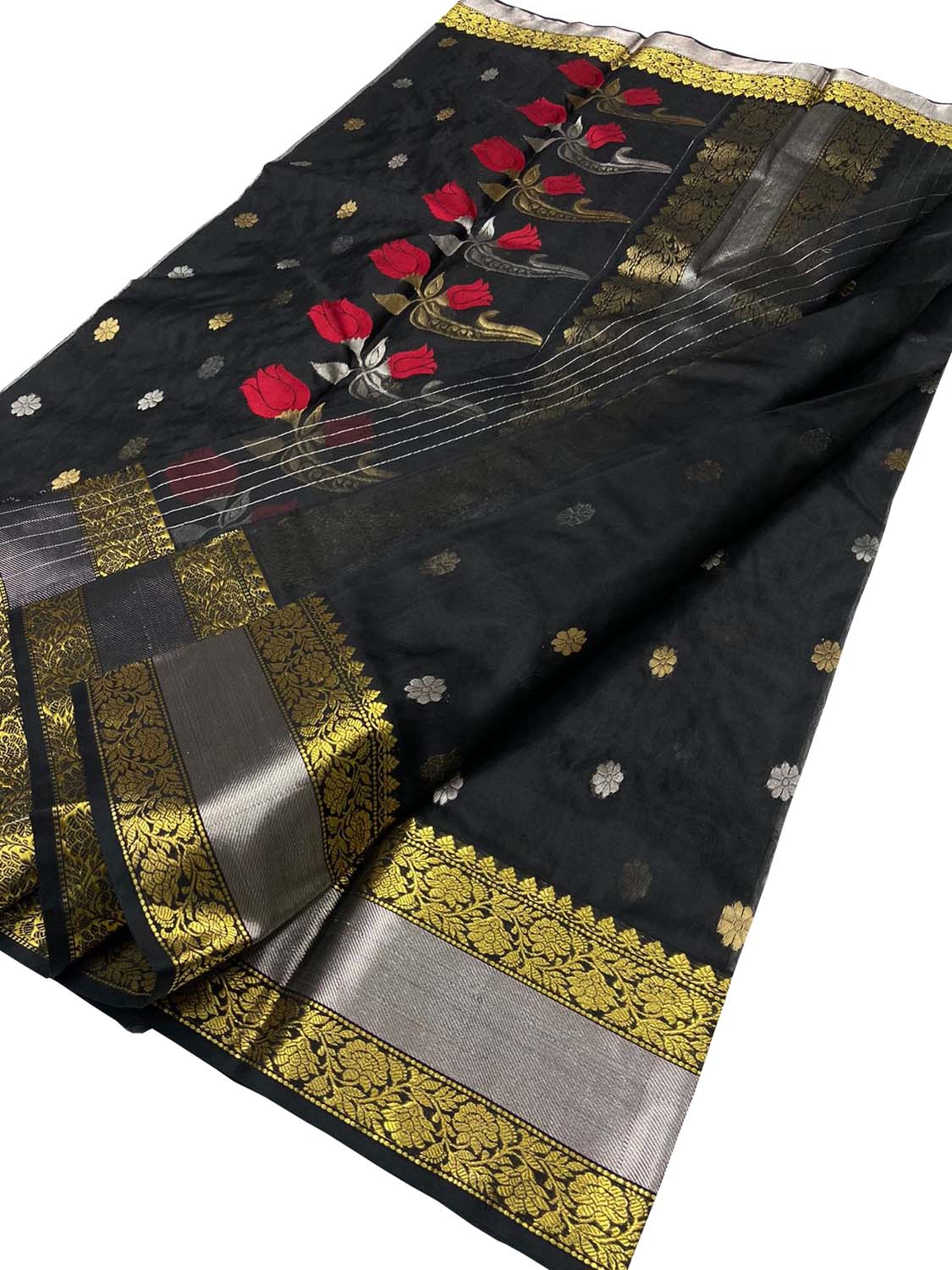 Black Chanderi Handloom Pure Katan Silk Flower Design Saree - Luxurion World