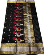 Black Chanderi Handloom Pure Katan Silk Flower Design Saree - Luxurion World