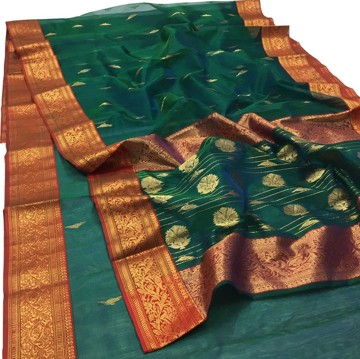 Green Chanderi Handloom Pure Katan Silk Saree - Luxurion World