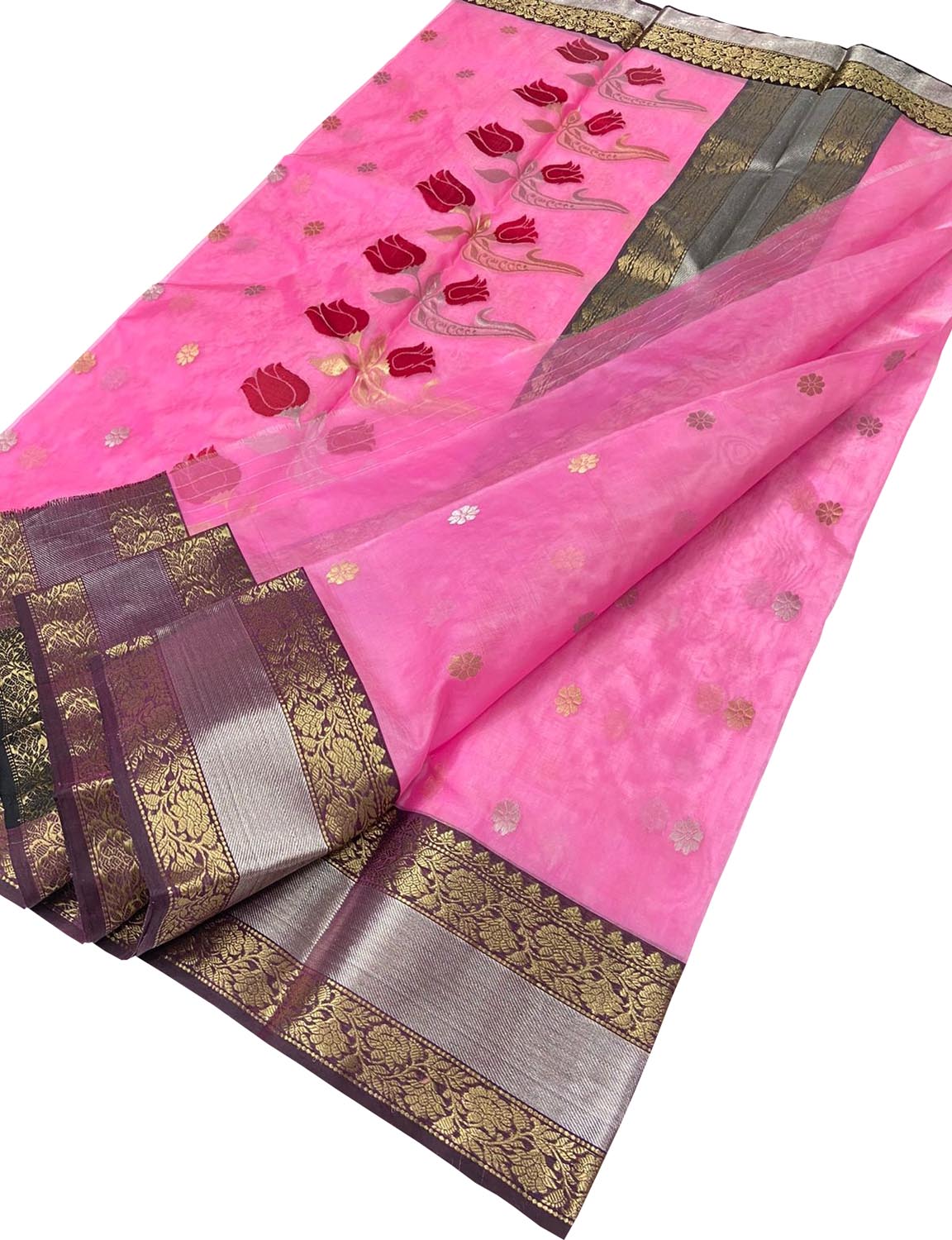 Pink Chanderi Handloom Pure Katan Silk Flower Design Saree - Luxurion World