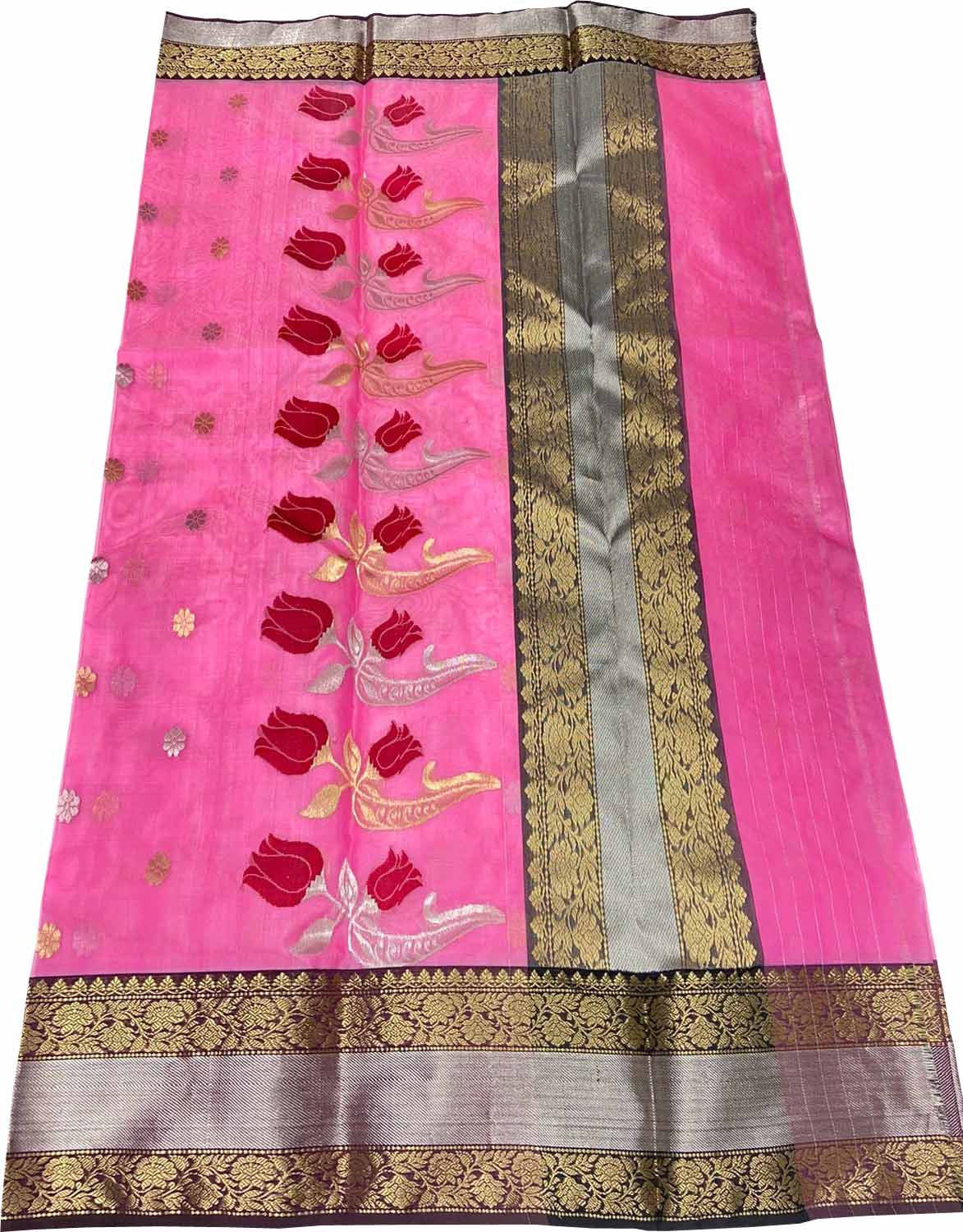 Pink Chanderi Handloom Pure Katan Silk Flower Design Saree - Luxurion World
