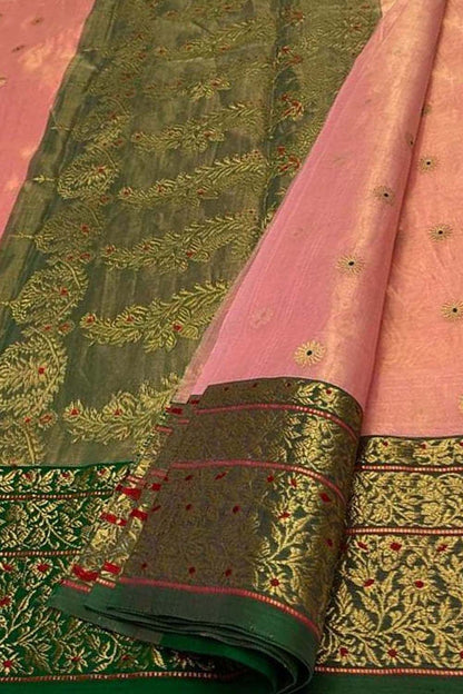 Elegant Pink Chanderi Handloom Pure Katan Silk Saree - Luxurion World