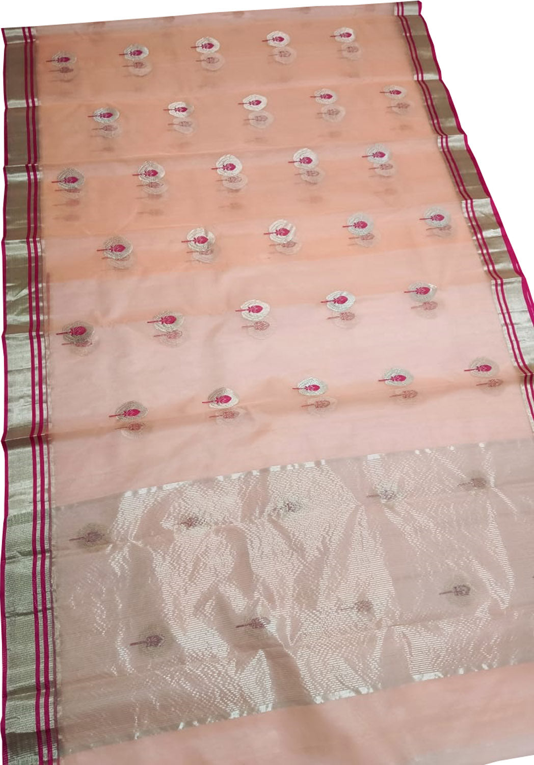 Elegant Peach Chanderi Handloom Pure Katan Silk Saree - Luxurion World