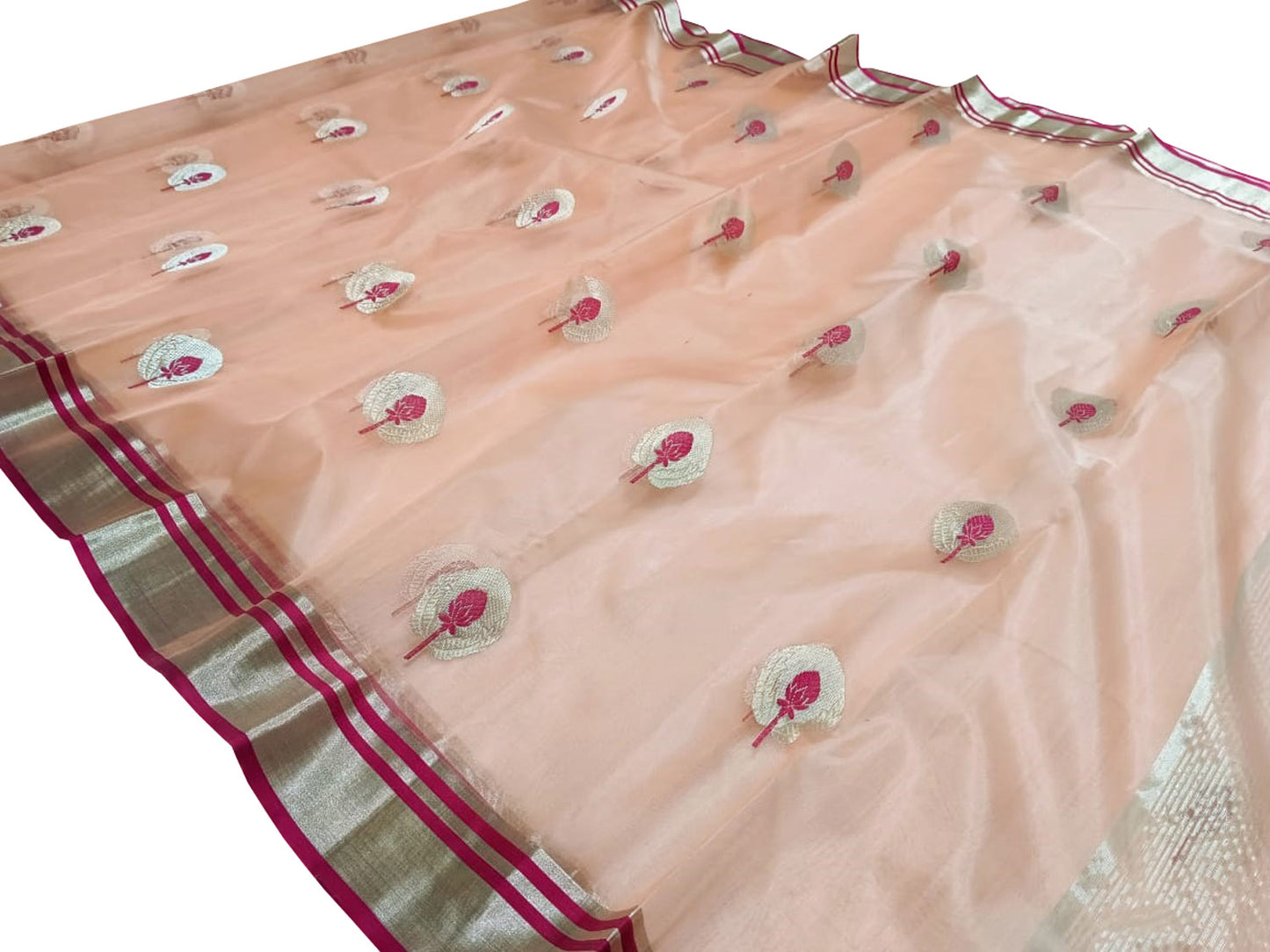 Elegant Peach Chanderi Handloom Pure Katan Silk Saree - Luxurion World
