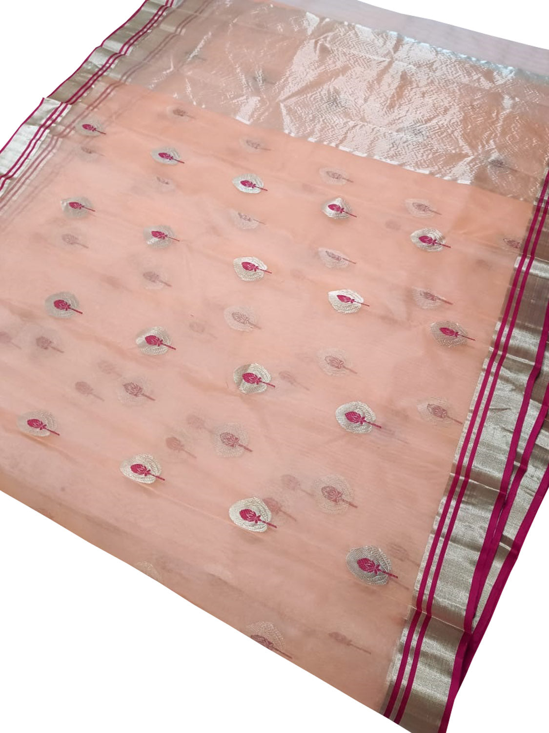 Elegant Peach Chanderi Handloom Pure Katan Silk Saree - Luxurion World