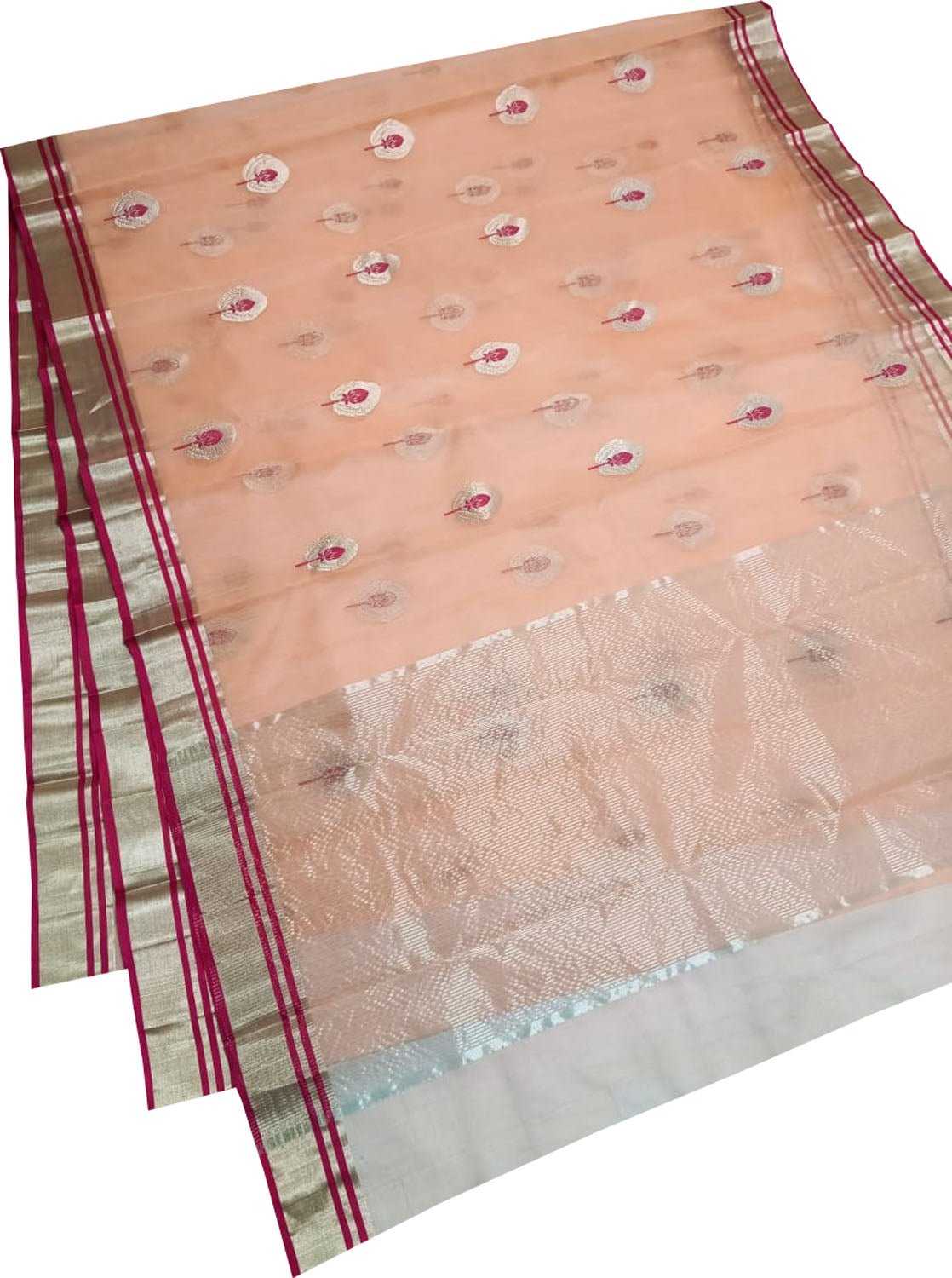 Elegant Peach Chanderi Handloom Pure Katan Silk Saree - Luxurion World