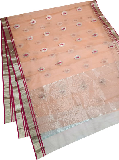 Elegant Peach Chanderi Handloom Pure Katan Silk Saree - Luxurion World