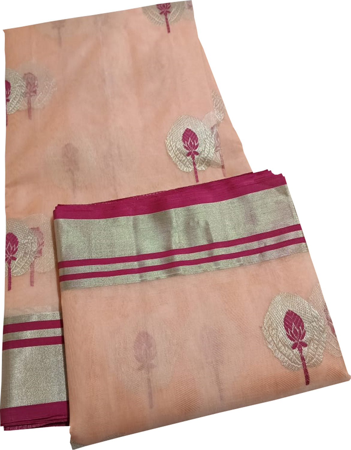 Elegant Peach Chanderi Handloom Pure Katan Silk Saree - Luxurion World