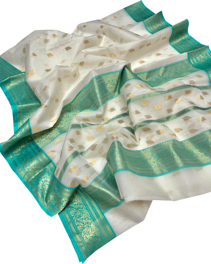 Elegant Off White Chanderi Handloom Pure Katan Silk Saree - Luxurion World