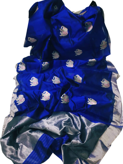 Elegant Blue Chanderi Handloom Silk Elephant Design Saree: A Timeless Classic - Luxurion World