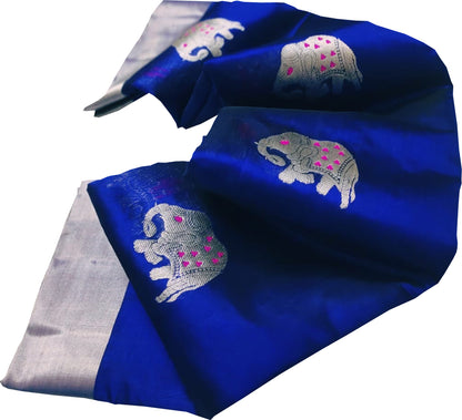 Elegant Blue Chanderi Handloom Silk Elephant Design Saree: A Timeless Classic - Luxurion World