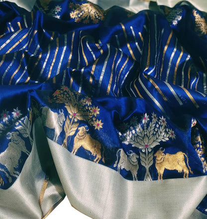 Elegant Blue Chanderi Handloom Silk Cow Design Saree: A Timeless Classic - Luxurion World