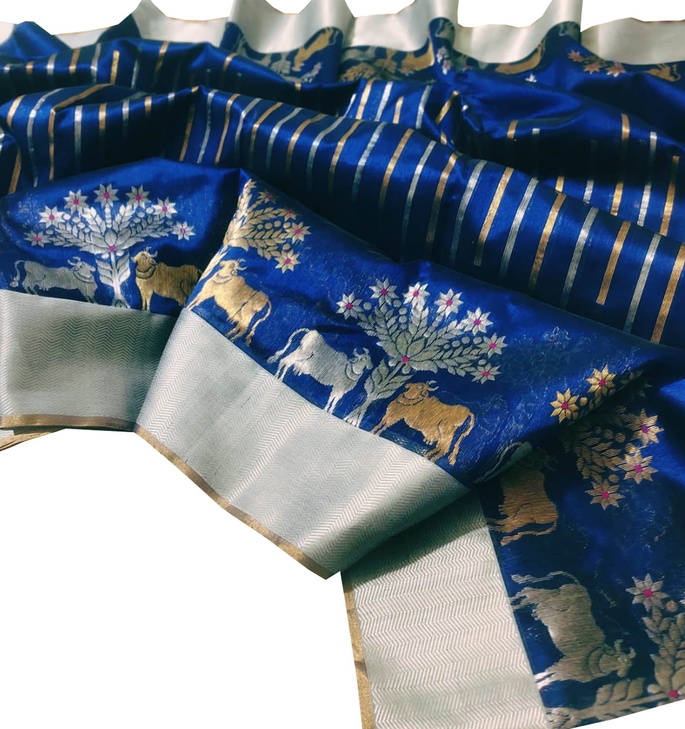 Elegant Blue Chanderi Handloom Silk Cow Design Saree: A Timeless Classic - Luxurion World