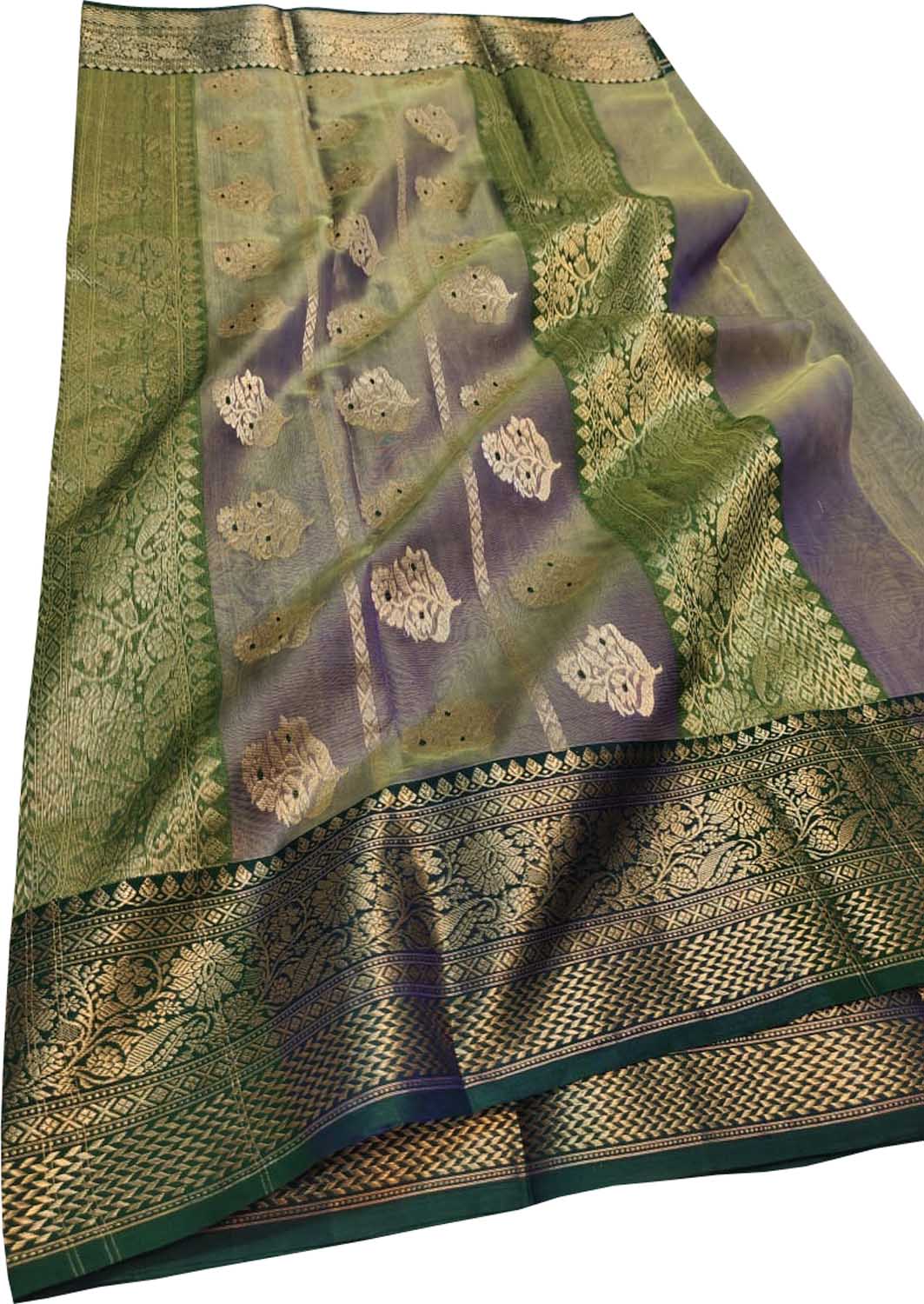 Exquisite Blue & Green Chanderi Handloom Katan Silk Saree - Luxurion World