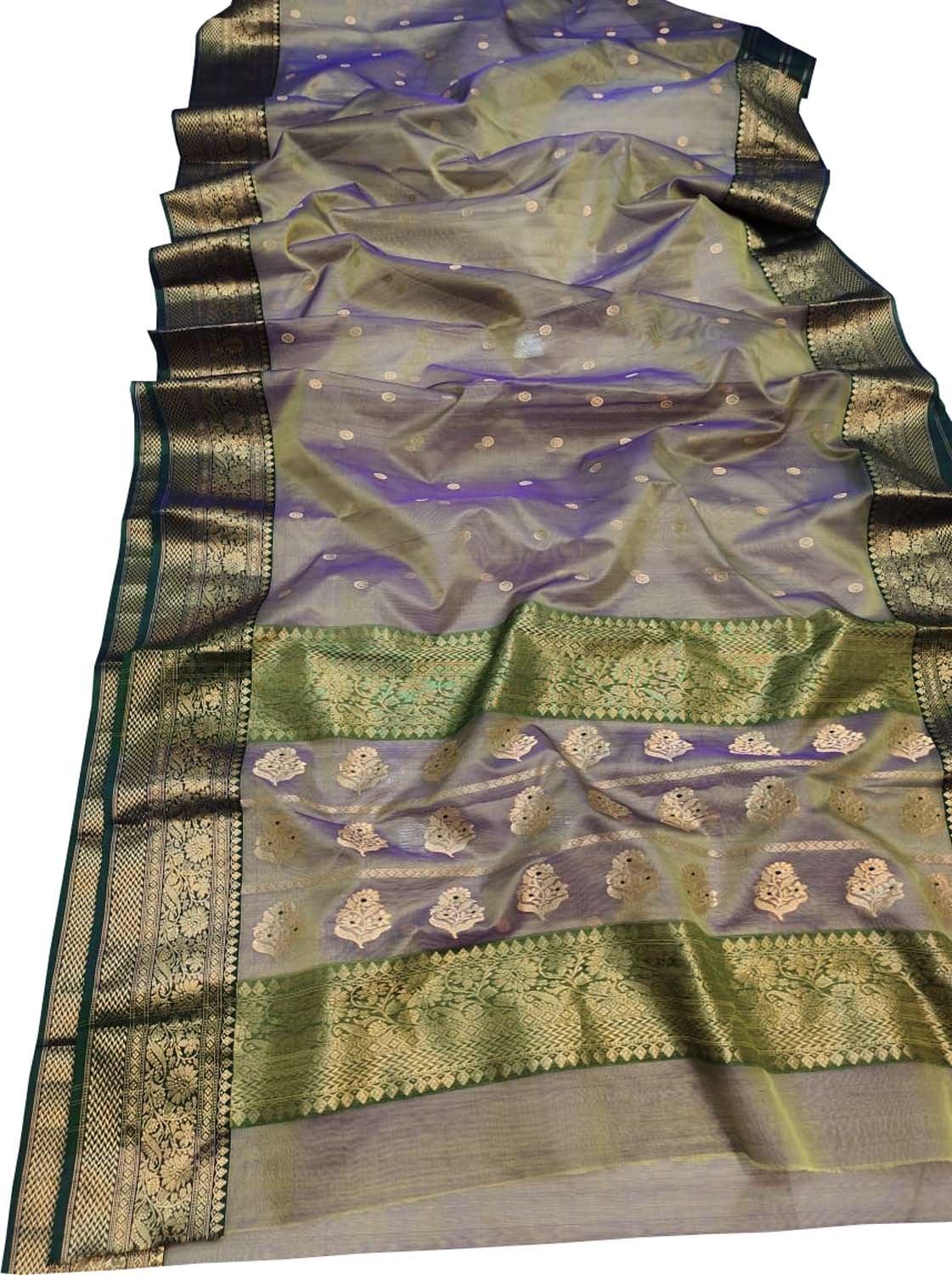 Exquisite Blue & Green Chanderi Handloom Katan Silk Saree - Luxurion World