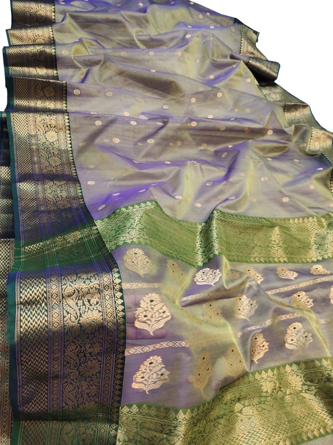Exquisite Blue & Green Chanderi Handloom Katan Silk Saree - Luxurion World