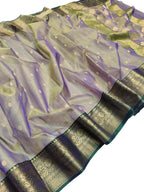 Exquisite Blue & Green Chanderi Handloom Katan Silk Saree - Luxurion World
