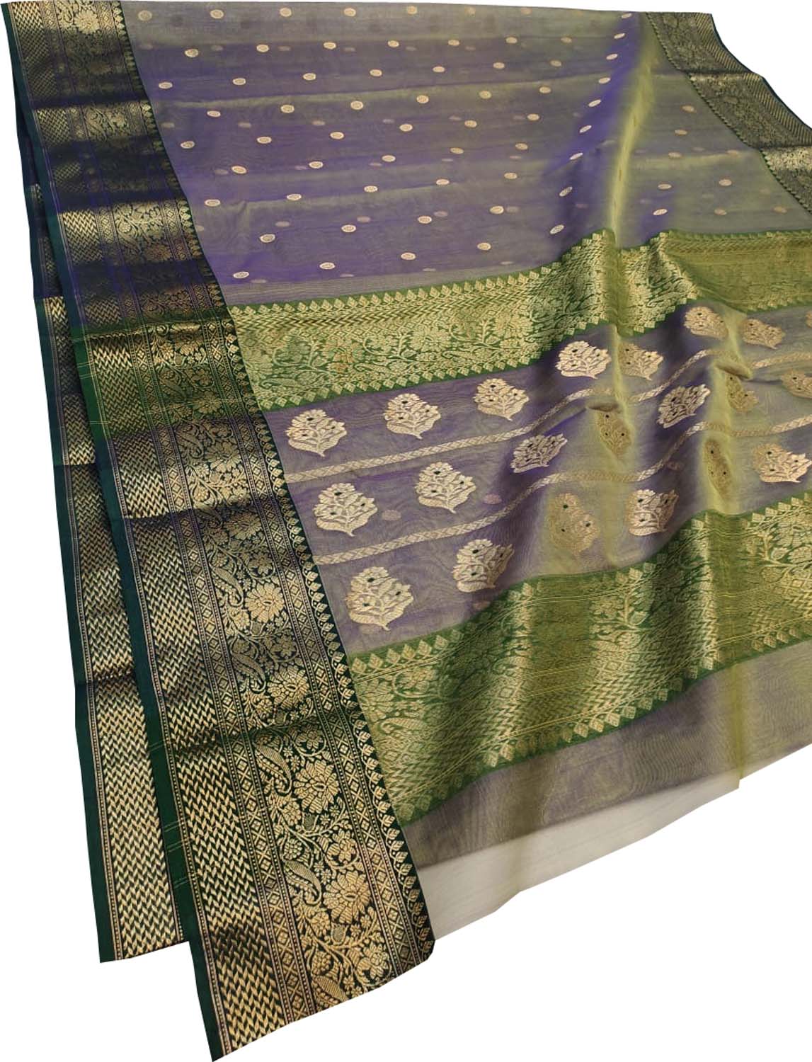 Exquisite Blue & Green Chanderi Handloom Katan Silk Saree - Luxurion World