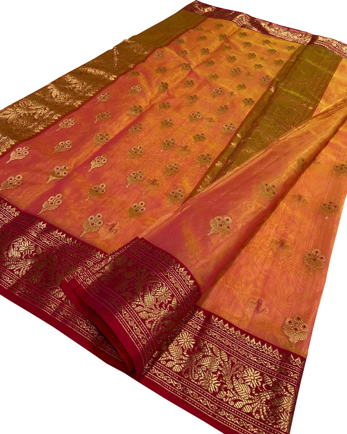 Vibrant Orange & Pink Chanderi Silk Saree - Luxurion World