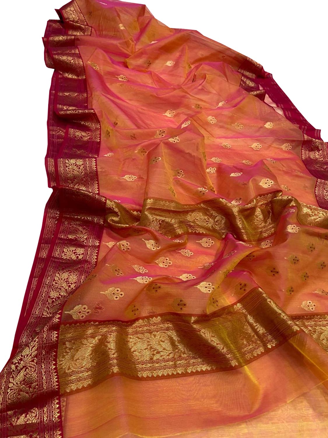 Vibrant Orange & Pink Chanderi Silk Saree - Luxurion World
