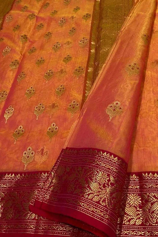 Vibrant Orange & Pink Chanderi Silk Saree - Luxurion World