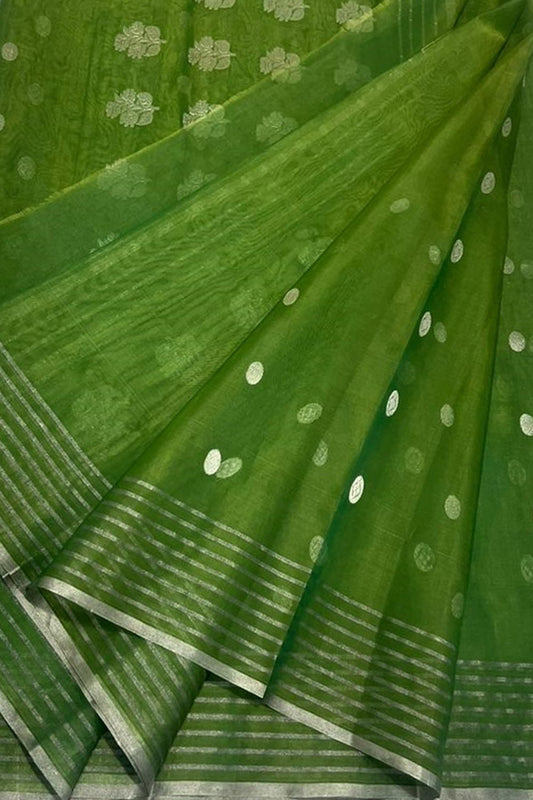 Green Chanderi Handloom Pure Katan Silk Saree - Elegant and Luxurious